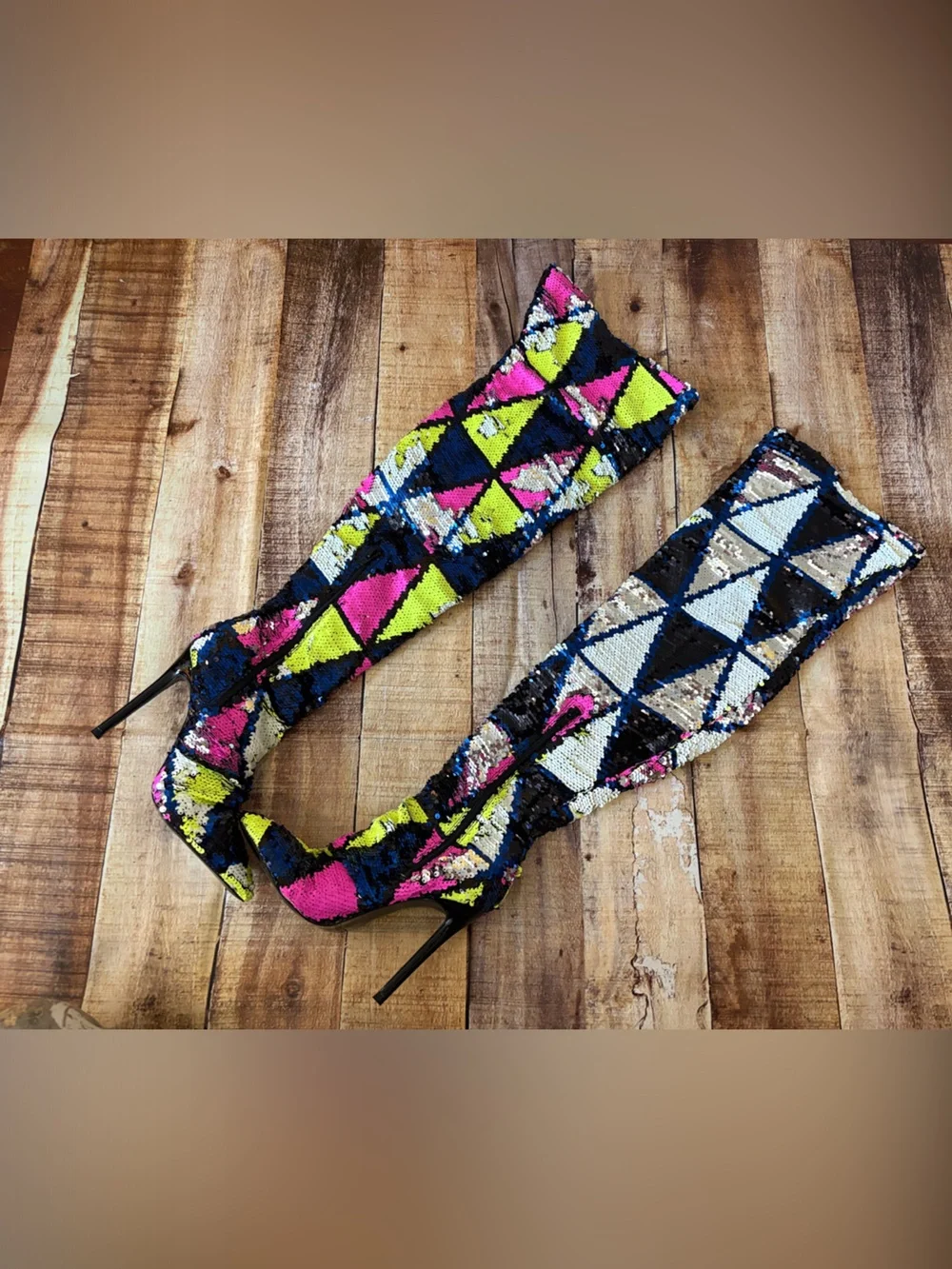 Over-The-Knee Sequin Geometric Stiletto Boots in Neon Multi / Color Changing
